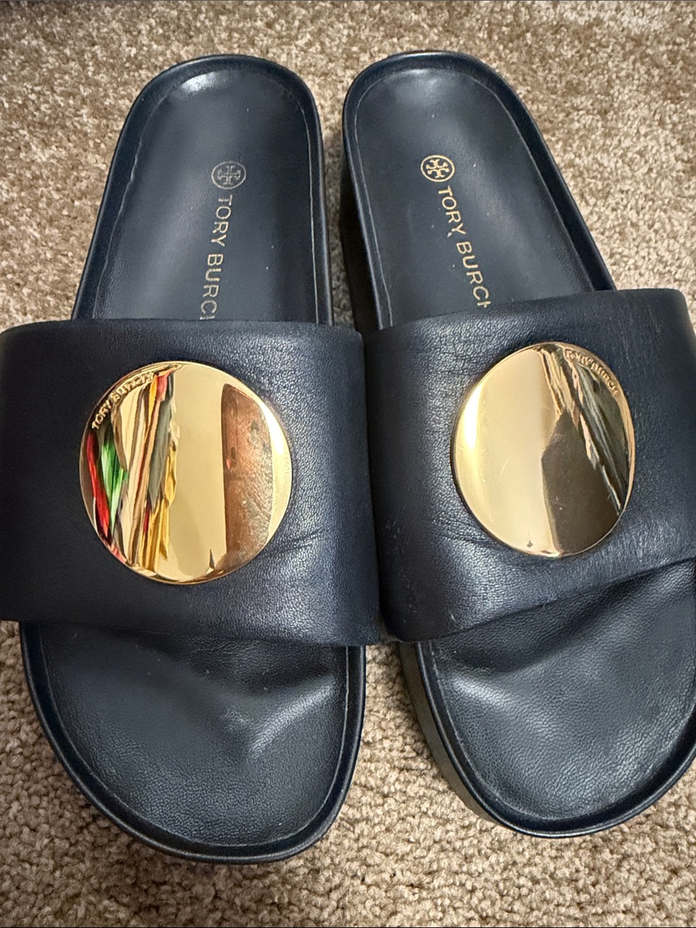 Tory Burch Navy Leather Slide Sandals with Gold Medallions